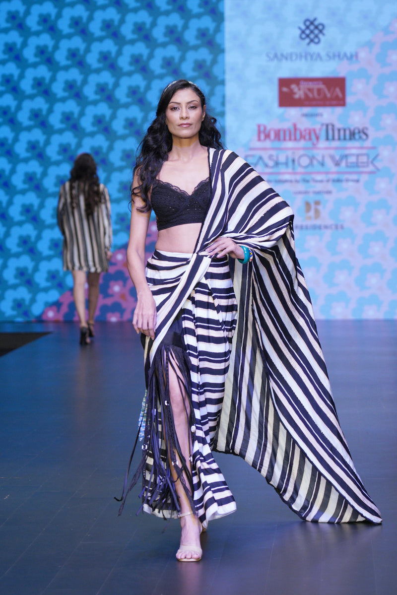 ALEXA-B&W STRIPED PRE DRAPE SAREE