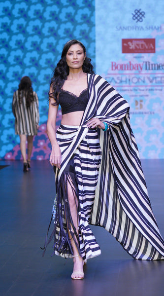 ALEXA-B&W STRIPED PRE DRAPE SAREE